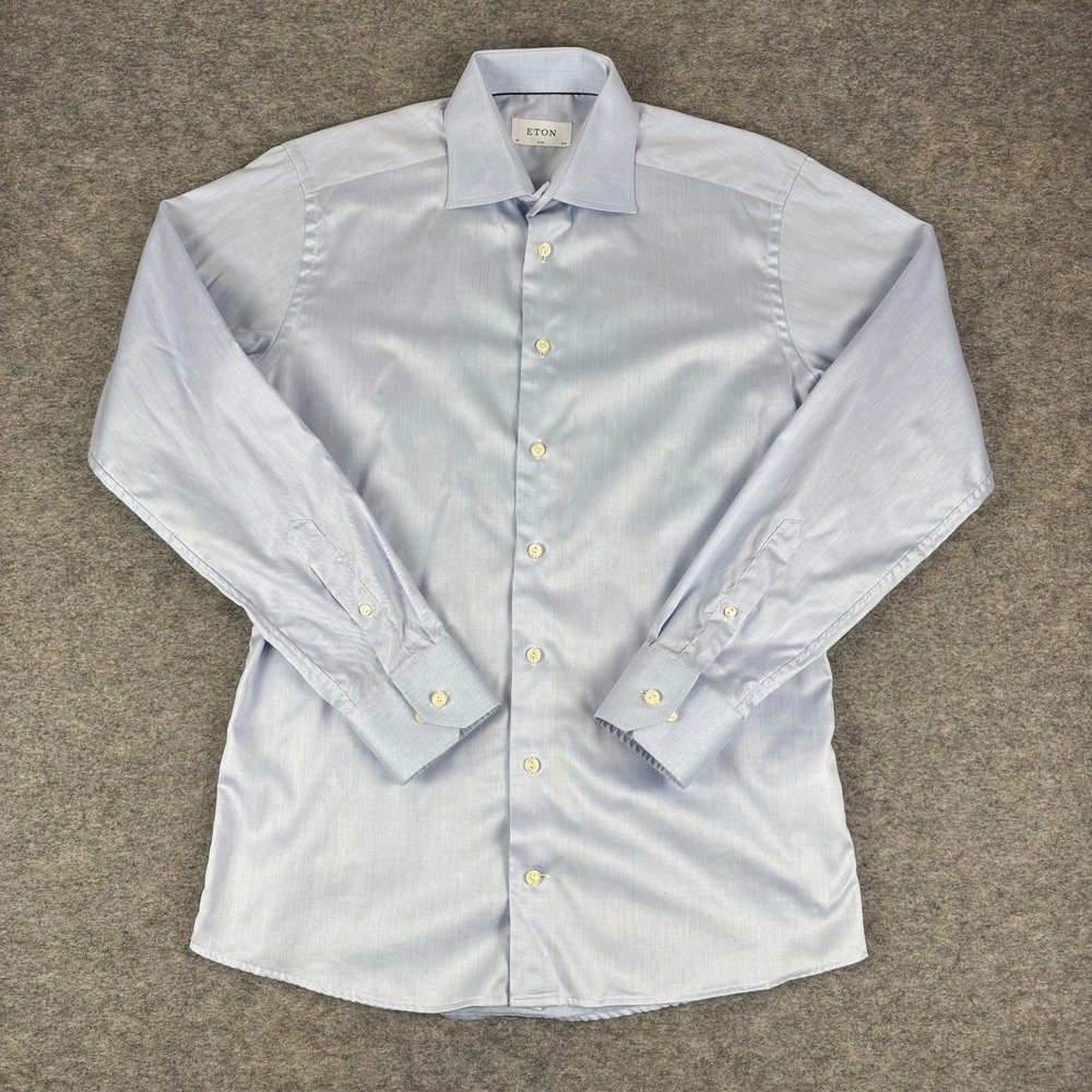 ETON Signature Twill Dress Shirt Button Up Long Sleeve Slim Fit Blue 40 15.75